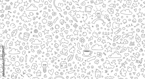 Creative black and white seamless pattern with various hand-drawn doodle elements for backgrounds and design projects