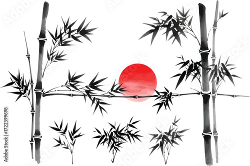Traditional japanese ink wash painting of a red sun rising behind bamboo stalks and branches with delicate leaves