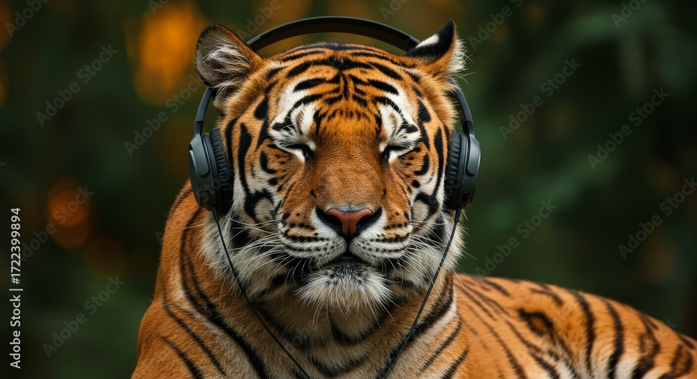 Fototapeta premium Photorealistic image of a majestic tiger wearing black headphones, eyes closed in a relaxed pose. The animal is set against a natural green forest background, perfect for wildlife-themed music promoti