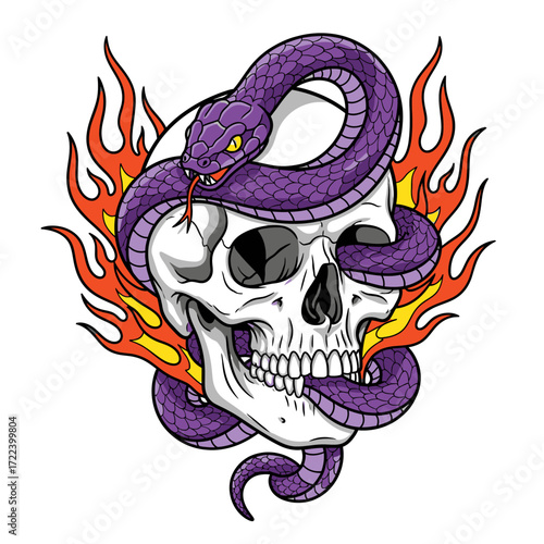 A striking illustration of a purple snake coiled around a human skull, set against a backdrop of vibrant orange flames.