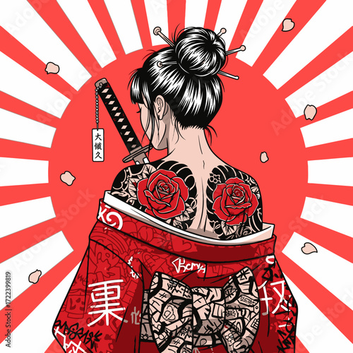 Illustration of a woman with tattoos and a katana against a red and white background.