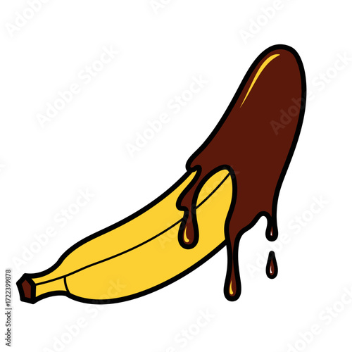 A cartoon banana with chocolate sauce.