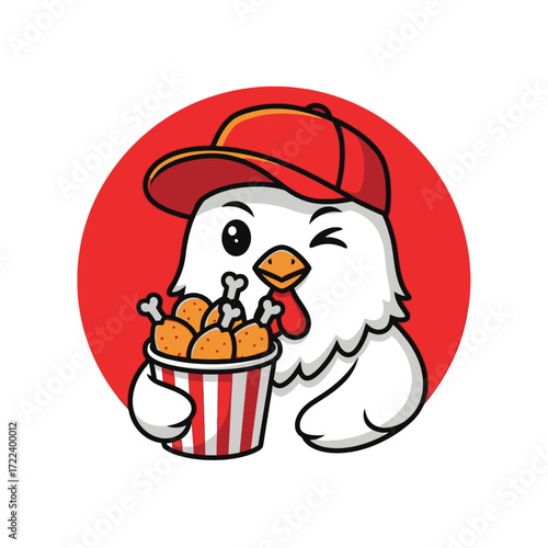 Cute cartoon chicken character wearing a red cap, winking, and holding a striped bucket filled with crispy fried chicken drumsticks, set against a red circular background.