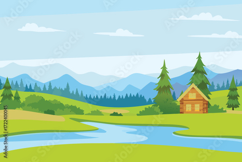 A charming wooden cabin nestled in a serene mountain landscape scene