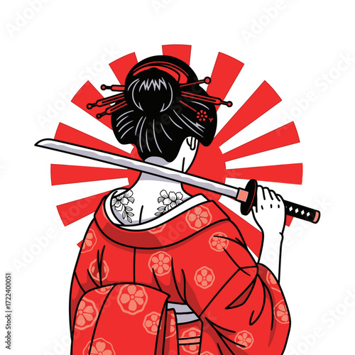 Geisha with katana, back view, red kimono, rising sun.