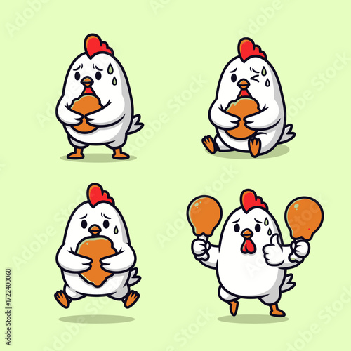 Cute cartoon chickens looking nervous while holding and eating fried chicken pieces, with one giving a thumbs up.