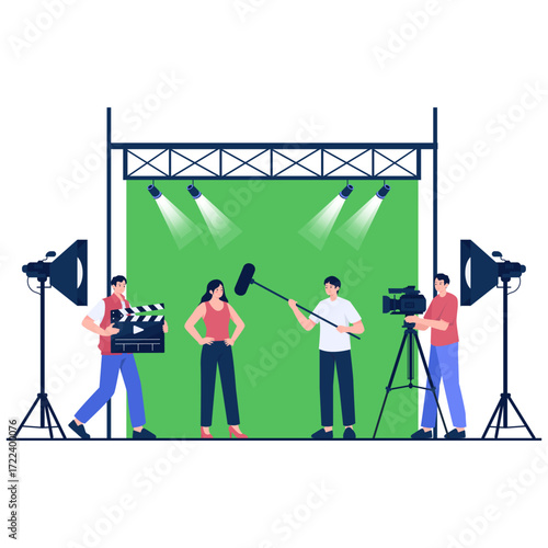 Film crew on set with green screen and lighting