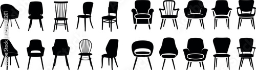 This image displays a wide array of chair silhouettes, showcasing various styles and designs. 