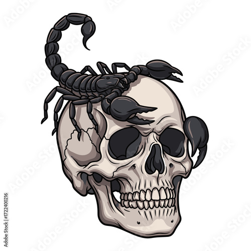 A menacing black scorpion with a raised stinger crawls over a weathered human skull.