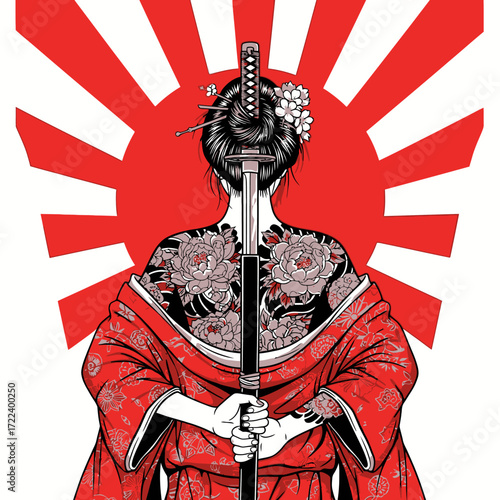 A woman in traditional Japanese attire, with a katana and tattoos, positioned against a rising sun background.