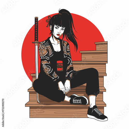 A stylish young woman with a high ponytail and intricate arm tattoos, sitting on wooden steps with a katana sword beside her, against a red circle background.