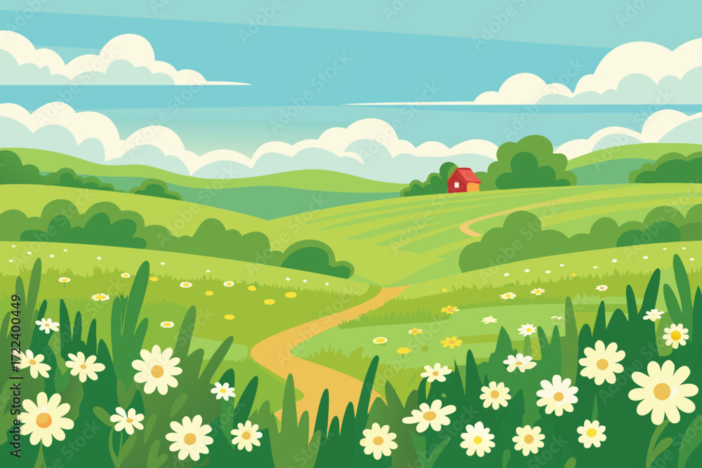 Fototapeta premium A peaceful countryside landscape featuring a winding path and a small red house