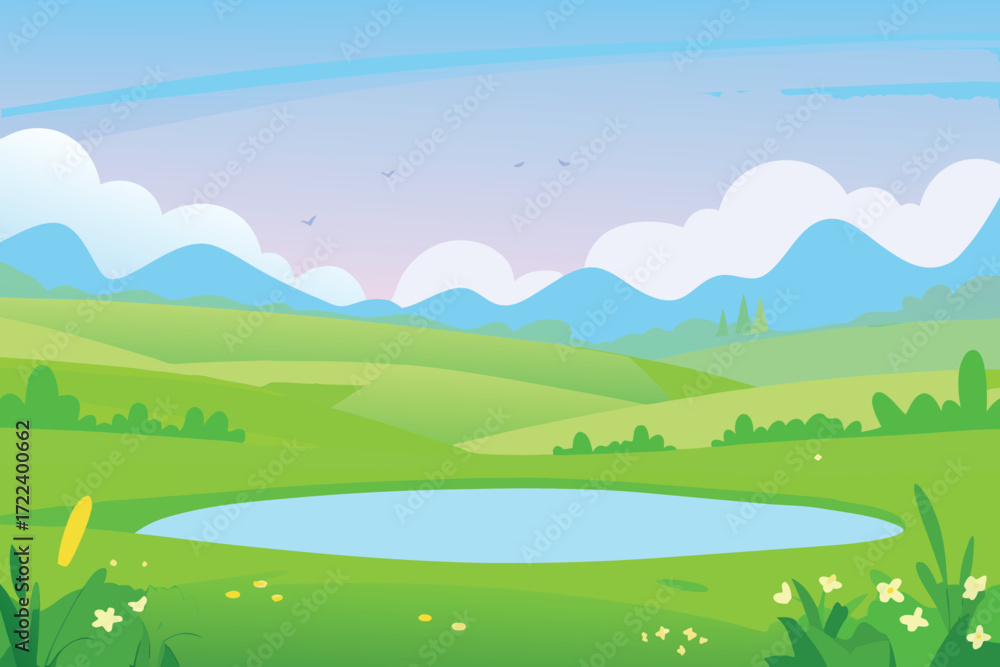 Obraz premium A serene cartoon landscape with rolling hills a pond and fluffy clouds