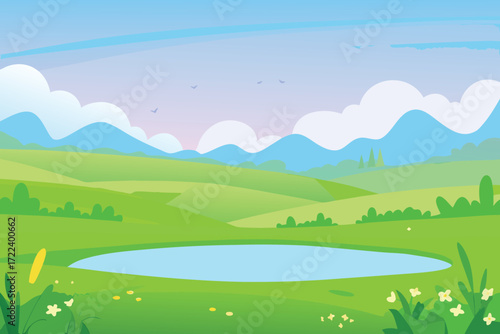 A serene cartoon landscape with rolling hills a pond and fluffy clouds