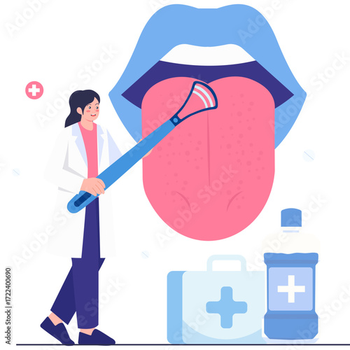 Doctor cleaning tongue with scraper