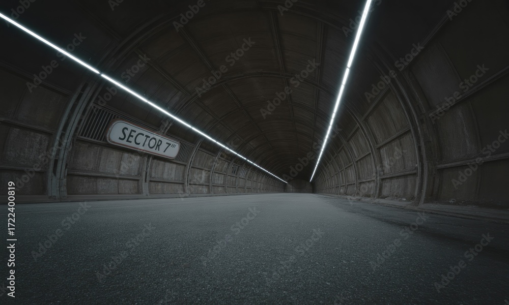 Obraz premium Dark tunnel interior, illuminated by lines of light