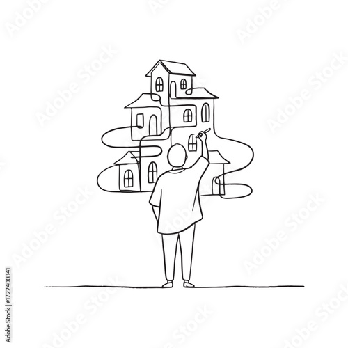Person drawing a village of houses with a single continuous line. Minimalist sketch of an architect creating a dream home community. Real estate and creativity concept.
