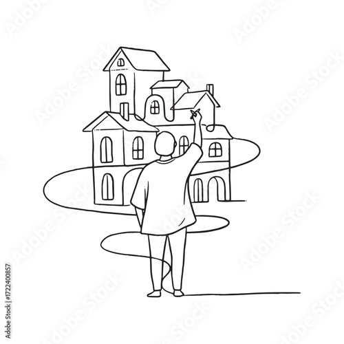 Person drawing a village of houses with a single continuous line. Minimalist sketch of an architect creating a dream home community. Real estate and creativity concept.
