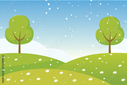 A gentle landscape with green hills trees and falling snowflakes