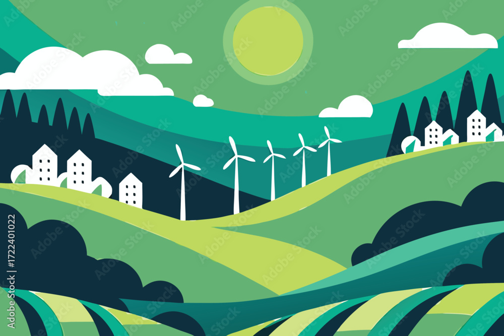 Fototapeta premium Scenic landscape featuring wind turbines hills and a small town