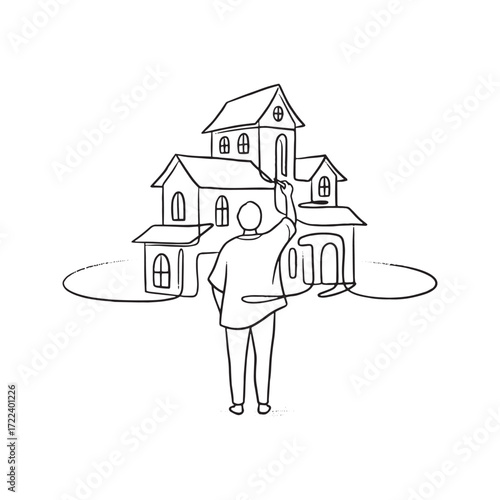 Person drawing a village of houses with a single continuous line. Minimalist sketch of an architect creating a dream home community. Real estate and creativity concept.
