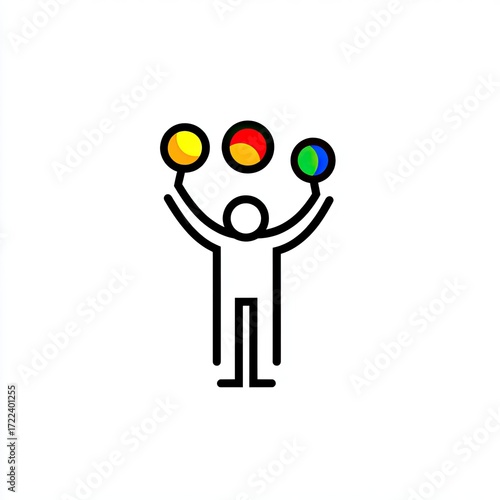 Simple graphic of a person juggling colorful balls
