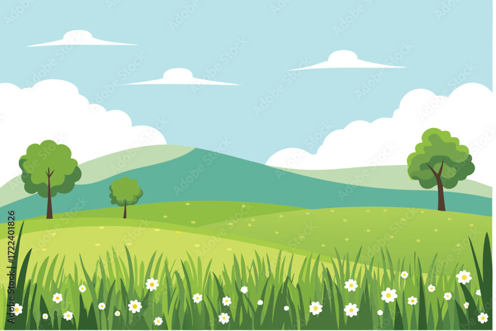 Naklejka premium A peaceful countryside landscape with rolling hills and a bright blue sky