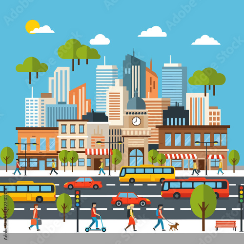 Flat design vector illustration of a bustling city street scene with modern architecture, traffic, and people living their daily life