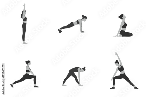 Woman performing various stretch poses in athletic attire on transparent background  