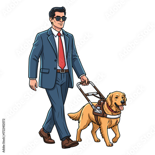 Vector Illustration of Businessman Walking Dog in Modern Style with Blue Suit and Golden Retriever