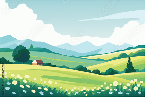 Serene landscape with rolling green hills a small house and a blue sky