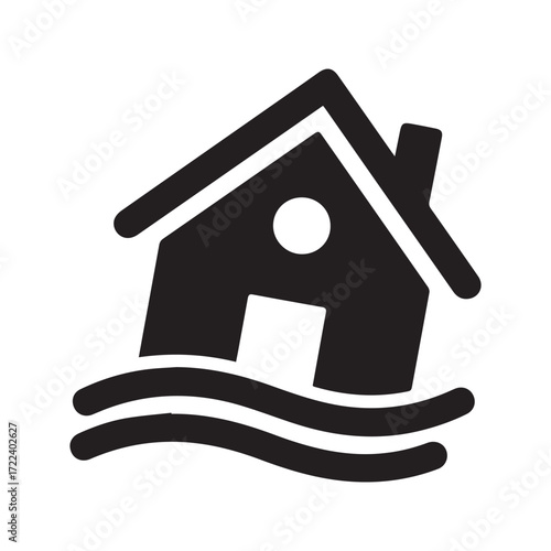Flooded house icon, symbol of natural disaster, home sinking in water vector illustration.
