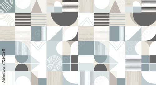 Modern abstract geometric seamless pattern featuring a harmonious arrangement of circles, squares, and lines in a soft, muted color palette, perfect for contemporary design backgrounds and textures