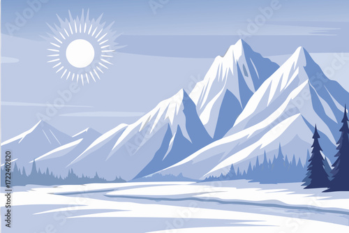 A serene winter landscape featuring snow covered mountains and bright sunlight