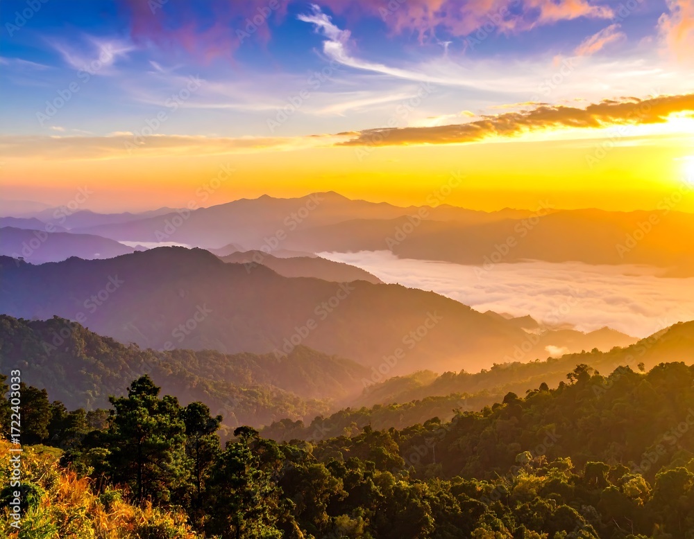 Fototapeta premium Sunrise over misty mountain ranges