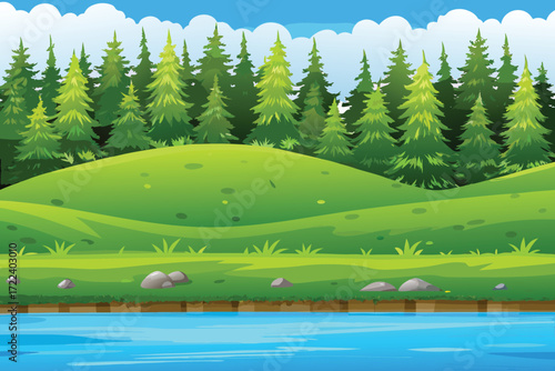 Lush green hillside meets a tranquil blue river and towering trees