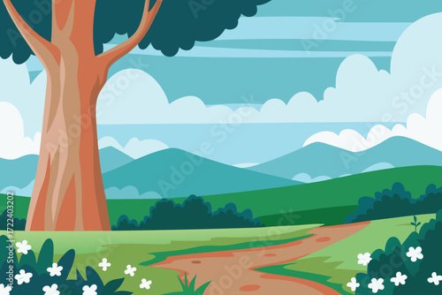 A peaceful landscape featuring a large tree rolling hills and a path
