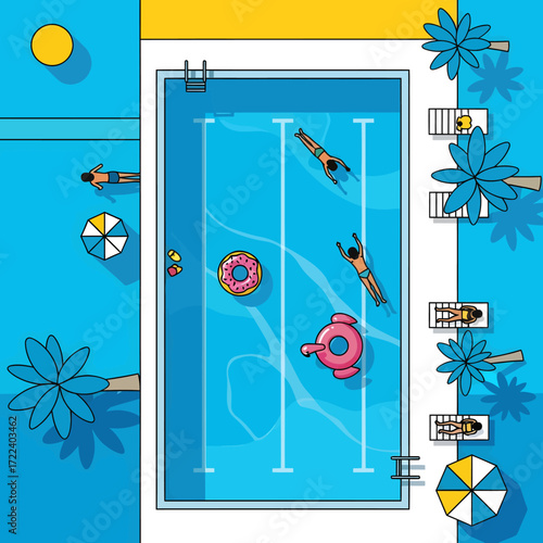 Aerial view of a swimming pool scene with people swimming and relaxing, palm trees, and inflatable toys, evoking a summer vacation vibe