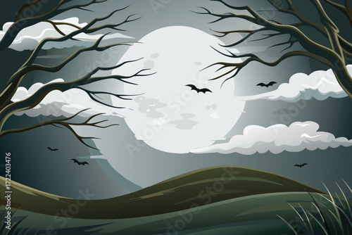 A spooky halloween night scene with a full moon and silhouetted trees