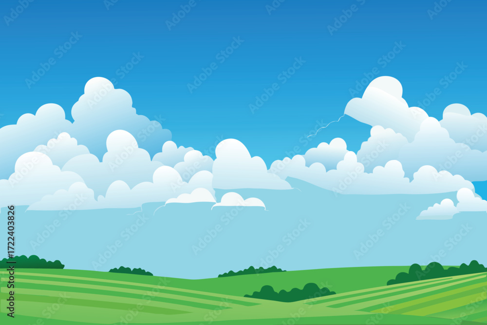 Fototapeta premium A serene landscape with fluffy white clouds and vibrant green fields