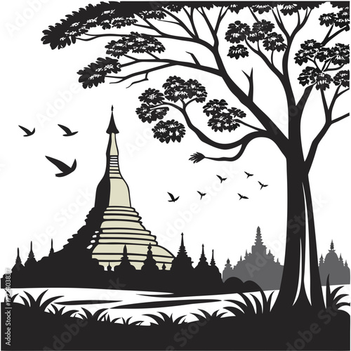 "Shwedagon Pagoda silhouette art Yangon Myanmar skyline poster, golden stupa Buddhist landmark illustration, black and white minimalist travel wall decor for cultural architecture lovers"
