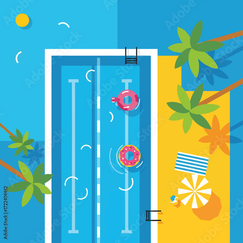 Top down aerial view of a vibrant swimming pool and beach scene with floaties and palm trees, a summer holiday vacation concept