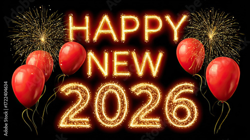 Happy New Year 2026 Greeting on Transparent Background with Festive Design