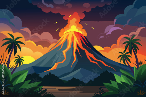 Volcano erupting with lava flow and palm trees at sunset