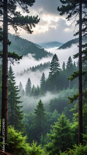 Forested mountain valley shrouded in mist, framed by towering pine trees under a cloudy, atmospheric sky. Verdant greenery abounds below