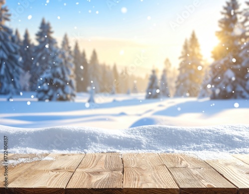 Snowy winter forest scene with sunlit trees viewed from wooden tabletop. Snowflakes falling, background out of focus