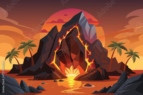 Volcanic island eruption at sunset with palm trees