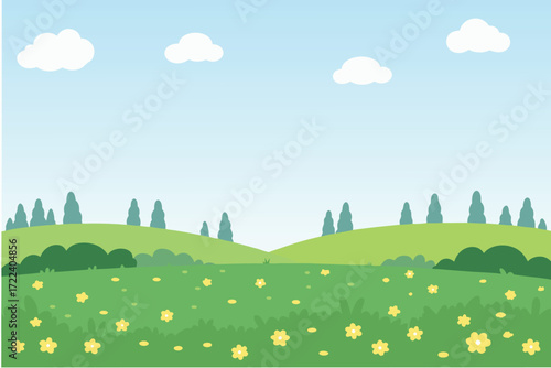 A serene landscape illustration featuring green hills flowers and a blue sky