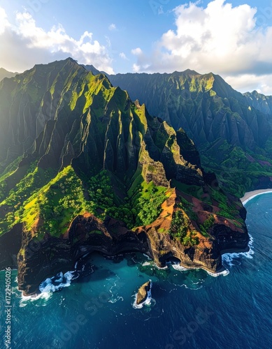 Majestic jagged cliffs rise from a vibrant ocean, meeting lush green mountains under a partly cloudy sky, illuminated by the sun's glow