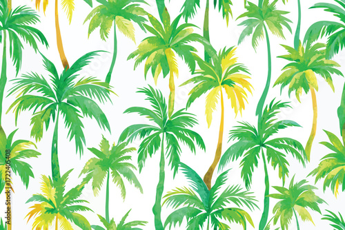 Vibrant watercolor pattern of lush green palm trees on a white background